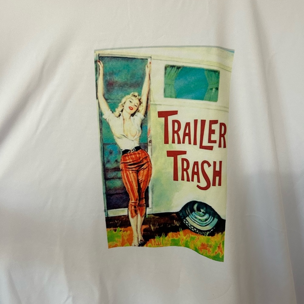 White Sublimation Graphic Design Tee 3X Polyester Moisture Wicking Trailer Trash